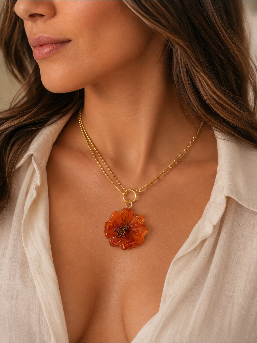 Exclusive Handmade steel Gold Chain Necklace with Orange Flower Pendant